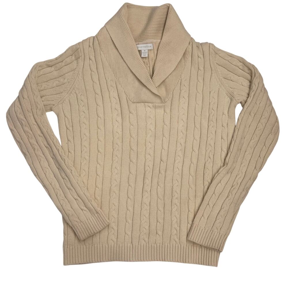 Charter Club Women's Cable Knit Shawl Collar Sweater Size M Cream Cotton Blend